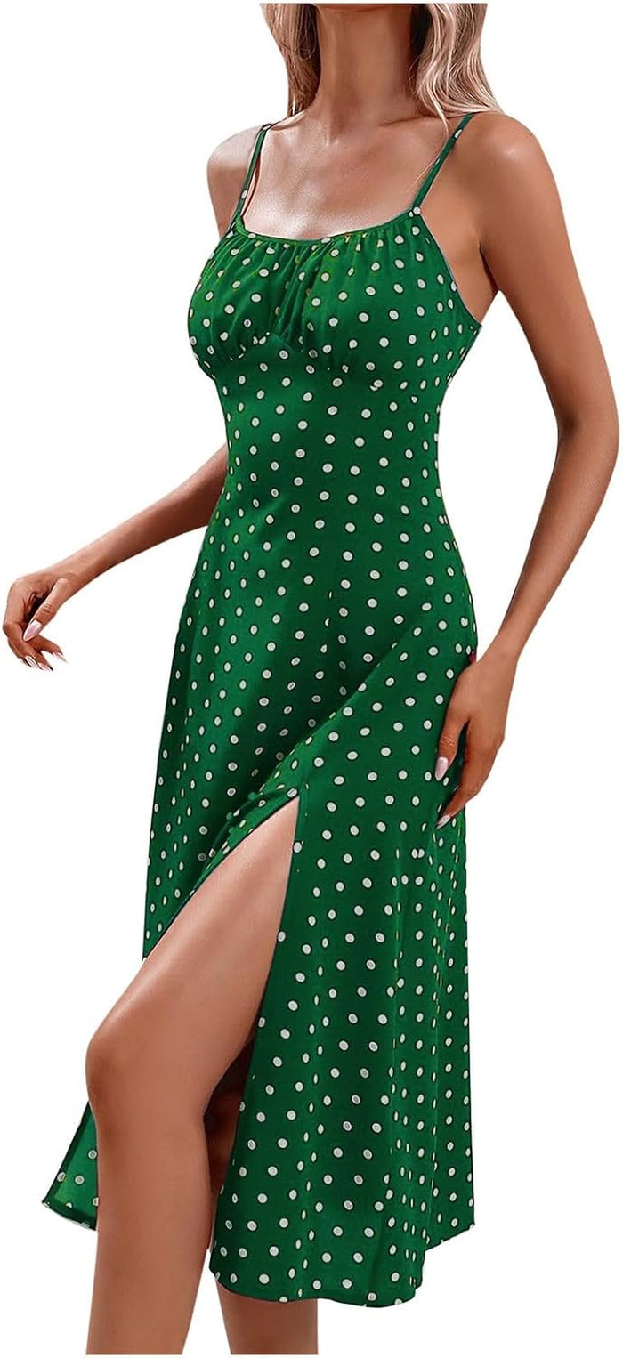 Robe D'Été À Pois Pour Femme - Longue Robe Bohème Avec Fente Latérale - Vintage - Bretelles Spaghetti - Robe Florale - Robe Trapèze Élégante - Coupe Ajustée - Robe Midi Amincissante