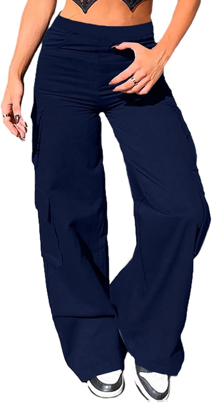 Femme Stretch Pantalon Patte D'Elephant Large Bootcut Cargo Multi Poches Elastique Taille Haute Flare Pantalons Travail Palazzo Ado Y2K Casual Classique Punk Streetwear