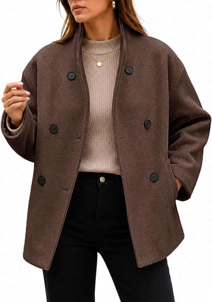 Manteau Court Femme Double Boutonnage Et Col Montant Automne Hiver