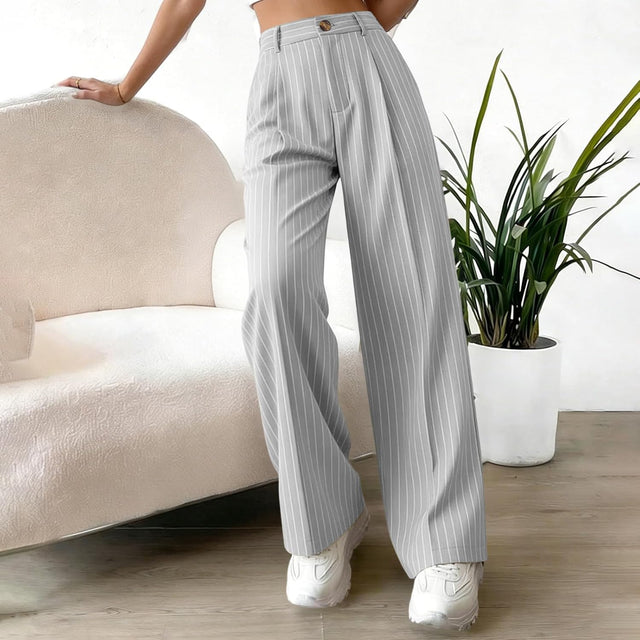 Pantalon Large Pour Femme, Taille Haute, Poches Droites À Rayures Fines
