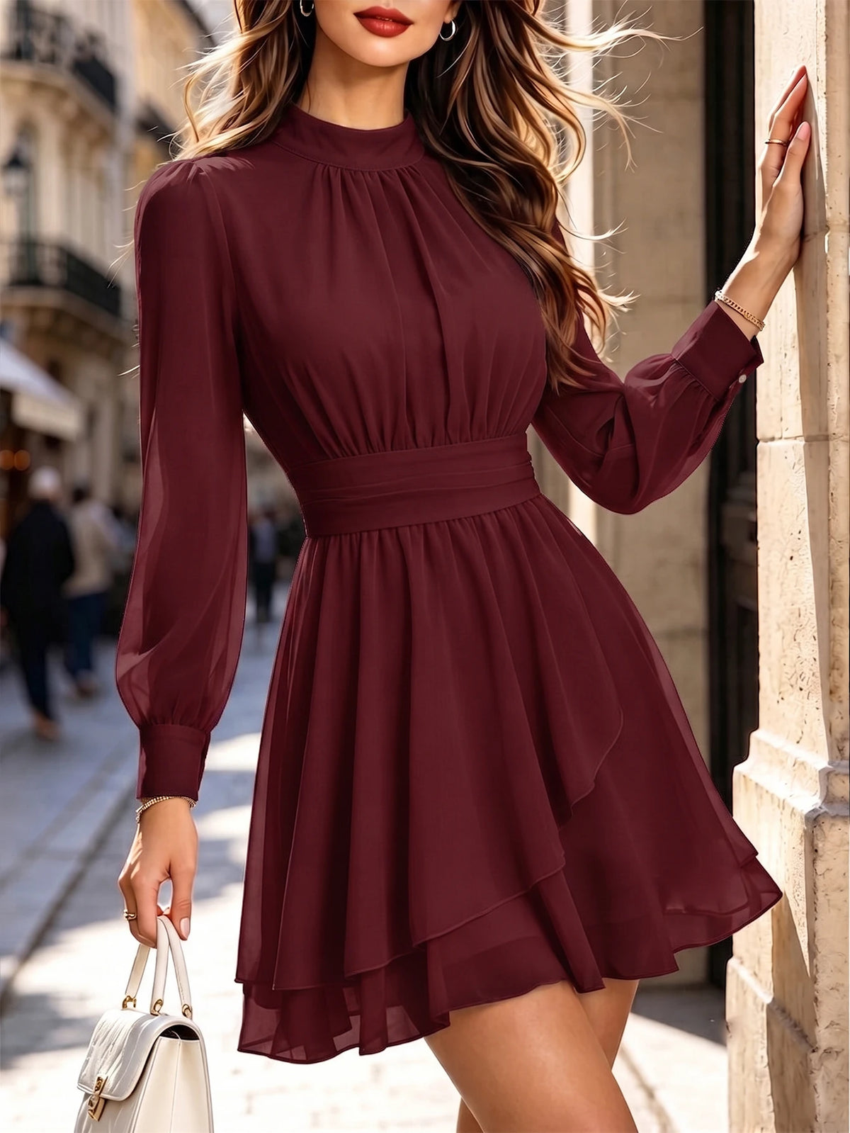 Women'S Elegant Romantic Small Stand Collar Asymmetrical Hem Flowy Chiffon Cinched Waist Dress, Suitable for Date, Vacation, Daily Wear, Birthday Party, Wedding Guest, Gentle and Playful Short Long Sleeve Dress