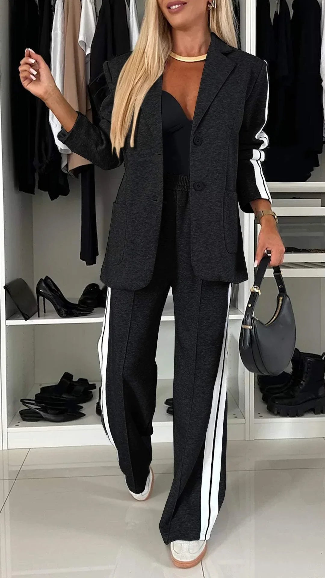 Ensemble Décontracté À Simple Boutonnage Pour Femme – Veste Lâche À Rayures Et Pantalon Large