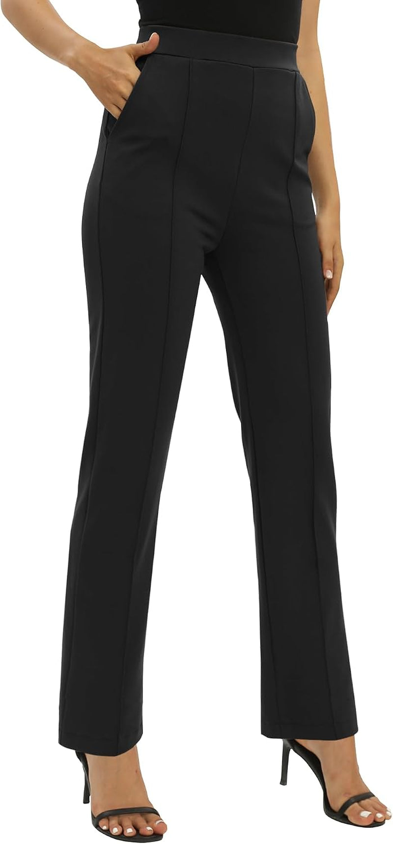 Femmes Bureaux Casual Jambes Droites Élastique Travail Pantalons Taille Haute Pantalons Avec Poches