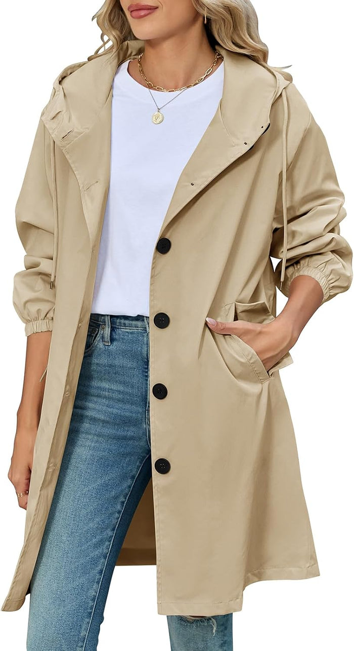Trench Femme Léger Mi-Long À Capuche, Veste Mi-Saison Déperlante