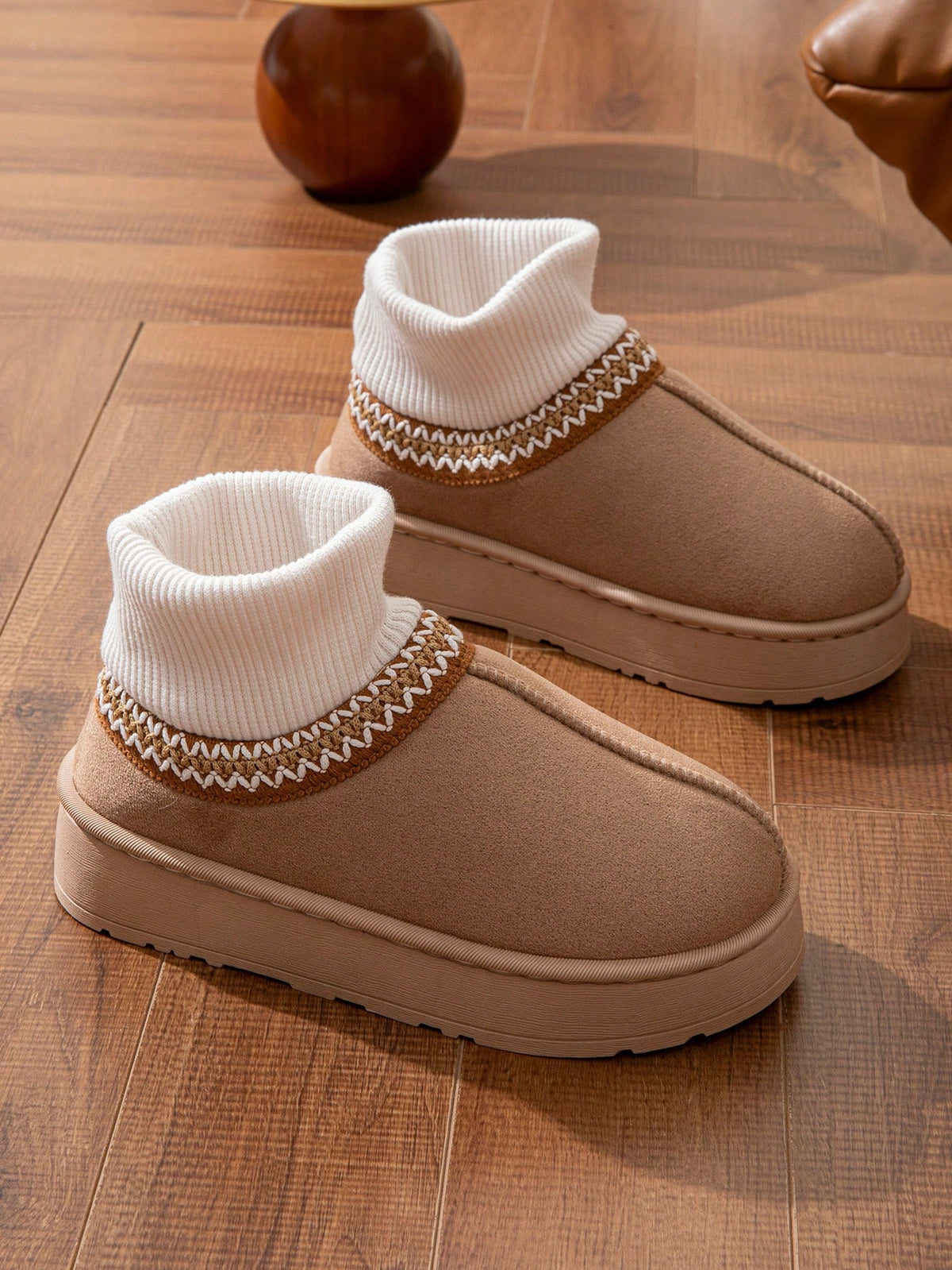 Vintage Knitted Sock Snow Boots for Women, Autumn/Winter Thick Sole Height-Increasing Thermal Lined Warm Outdoor Wear Slouchy Slip-On Slippers