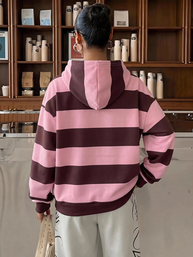 Muchica Casual Streetwear College Style Pink Striped Letter Print Women'S Long Sleeve Loose Hooded Sweatshirt, Suitable for Fall, School Everyday, Gathering