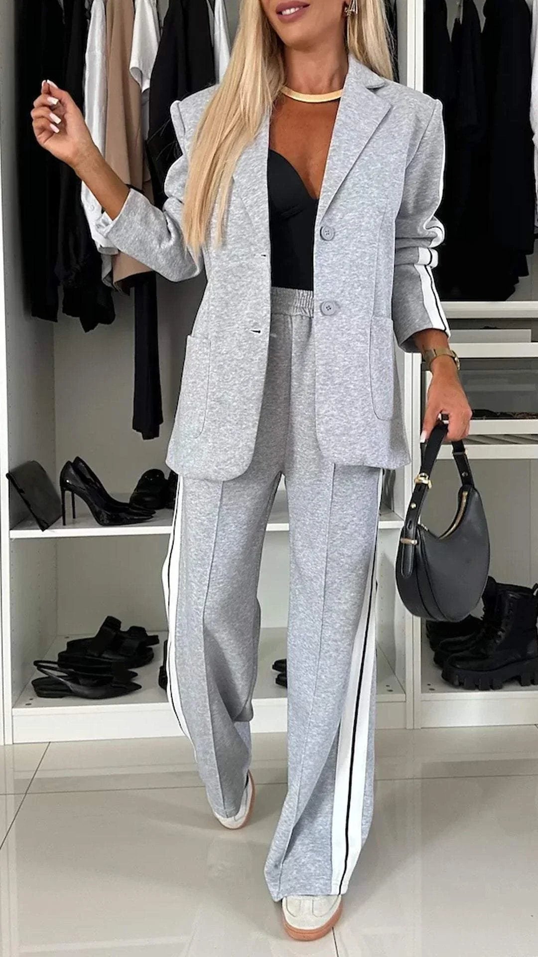 Ensemble Décontracté À Simple Boutonnage Pour Femme – Veste Lâche À Rayures Et Pantalon Large