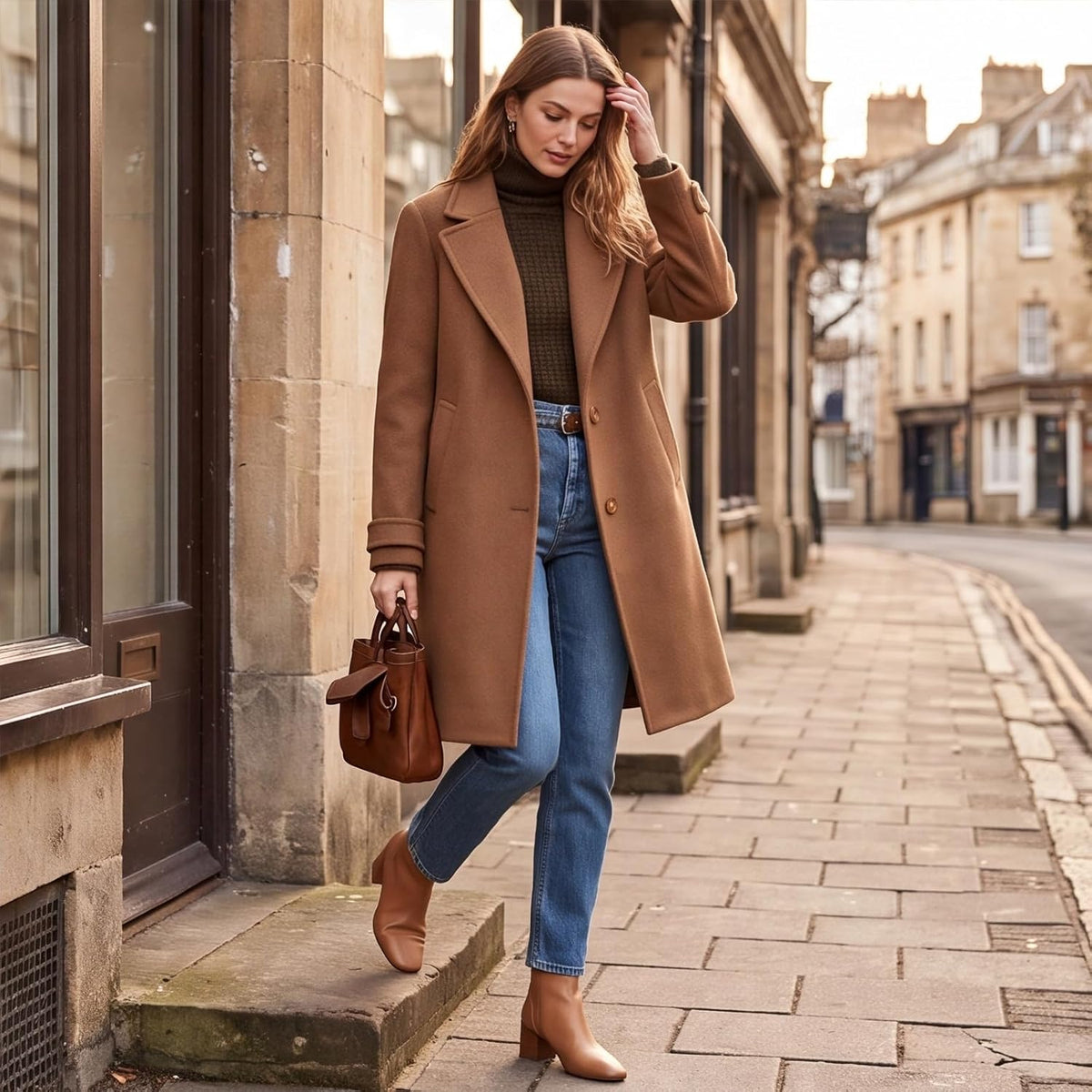 Manteau En Laine Pour Femme Avec Revers Mi-Long