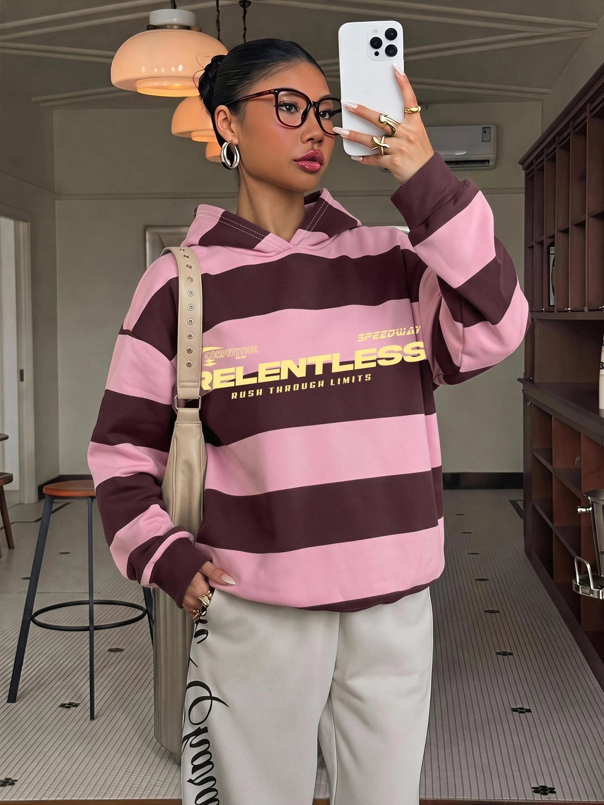 Muchica Casual Streetwear College Style Pink Striped Letter Print Women'S Long Sleeve Loose Hooded Sweatshirt, Suitable for Fall, School Everyday, Gathering