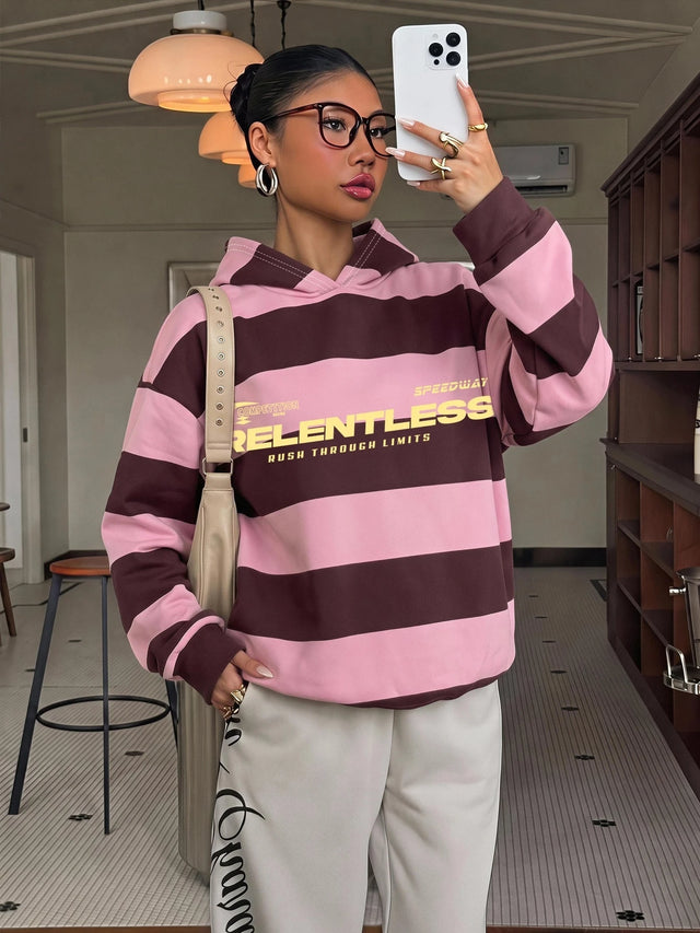 Muchica Casual Streetwear College Style Pink Striped Letter Print Women'S Long Sleeve Loose Hooded Sweatshirt, Suitable for Fall, School Everyday, Gathering