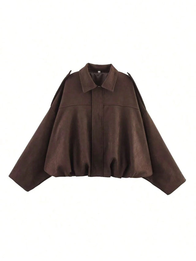 HLPHA Women'S Elegant Solid Color Faux Suede Aviator Jacket, Lightweight Basic Casual Autumn School & Commute Outerwear