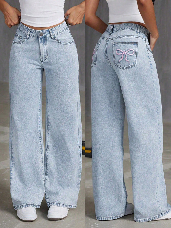 Teen Girl'S Loose Fit Versatile Bow Embroidered Straight Leg Denim Jeans Solid Color