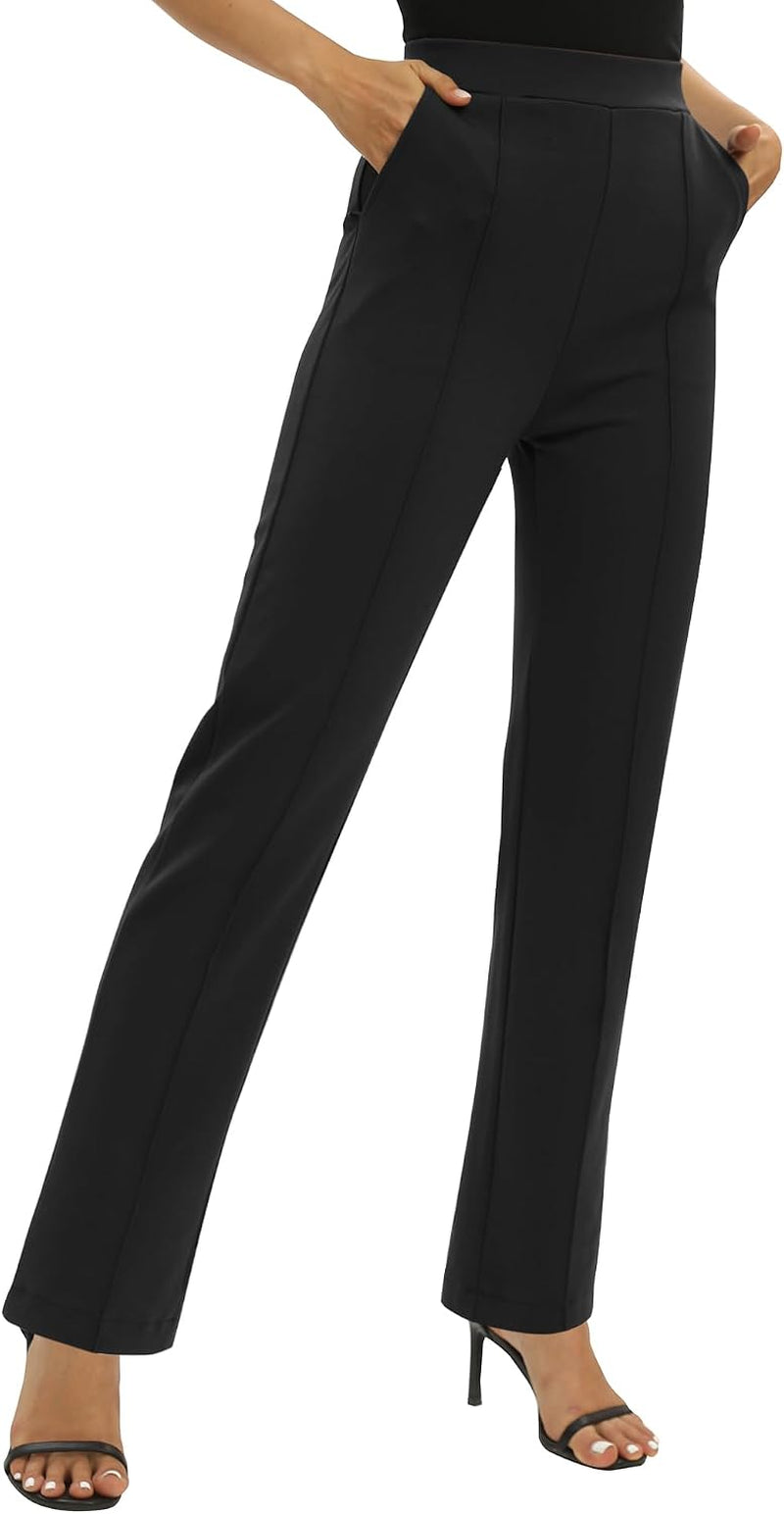 Femmes Bureaux Casual Jambes Droites Élastique Travail Pantalons Taille Haute Pantalons Avec Poches