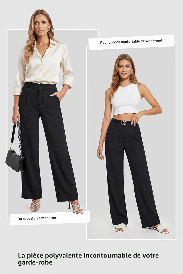 Pantalon Fluide Femme Taille Haute Elastique Jambe Large Droite Léger Texturé Pantalon Femme Été Chic Et Elegant Ample Sans Repassage Décontractés Avec Bouton Poches